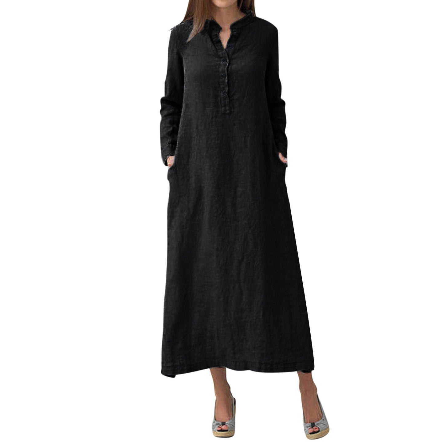 New Cotton Linen Long Sleeve Casual Dress Women Loose V Neck Pockets Beach