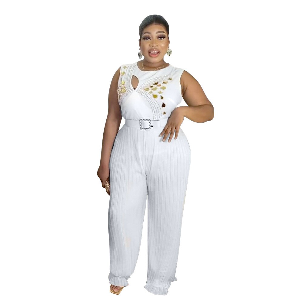 Plus Size Women Jumpsuit Sleeveless Rhinestone One Piece Outfit Summer Lady Casu