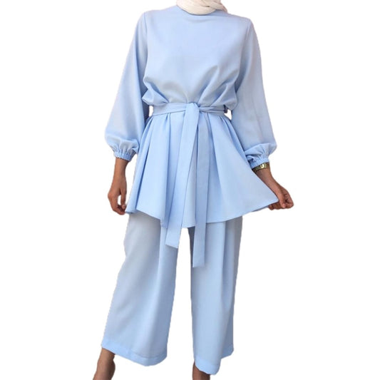 Women's Two-Piece Muslim Suit Classic Crewneck Loose Fit Mid-Length Tunic Pullov