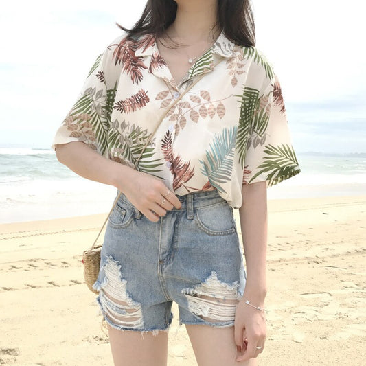 Chiffon Hawaiian Leaf Print Floral Short Sleeve Shirts New Chiffon Womens Casual