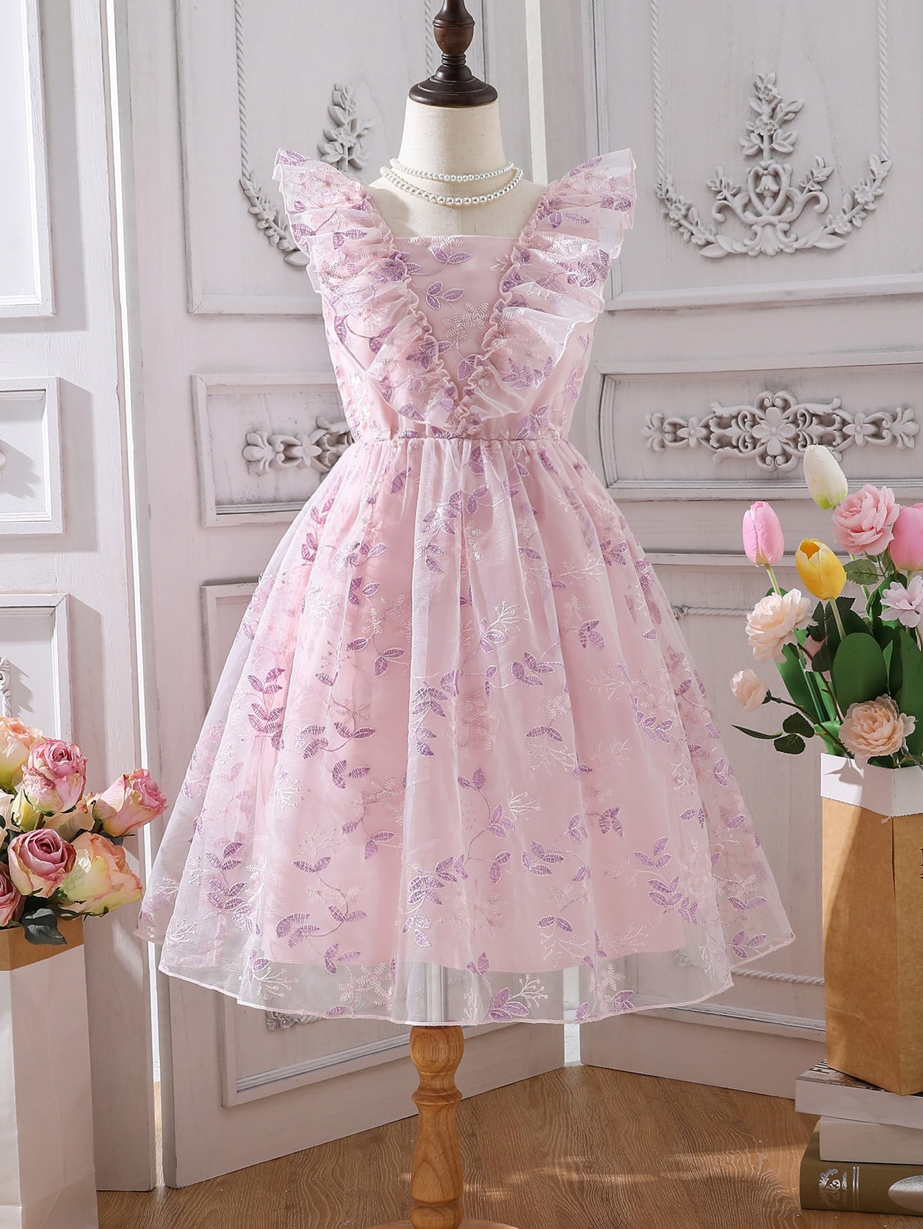 Girls Floral Embroidery Ruffle Trim Mesh Overlay Dress