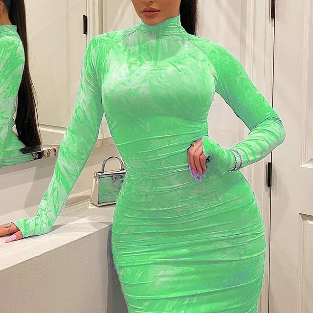 Autumn Winter Women's Bodycon Dress Pleated Elegant Long Sleeve Party Dresses