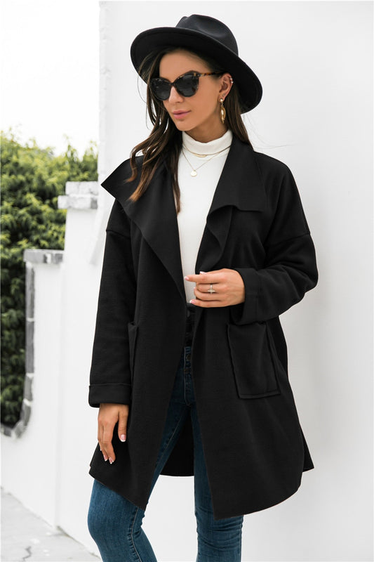 Autumn Winter Women Solid Color Woolen Coat Patchwork Pockets Turn-down