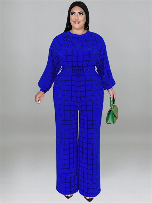 Wmstar Plus Size Jumpsuit Women With Belt Plaid One Piece Outfits Casual Wide Le