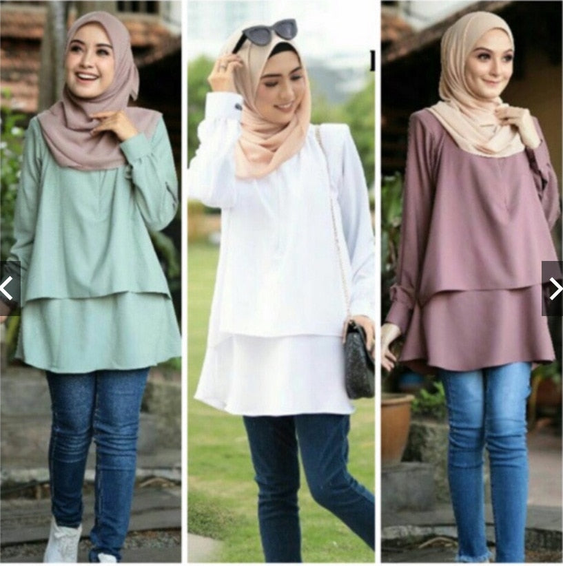 Muslim Casual Loose Tops For Women Malaysia Round Neck Solid Fake Two-Piece Sty