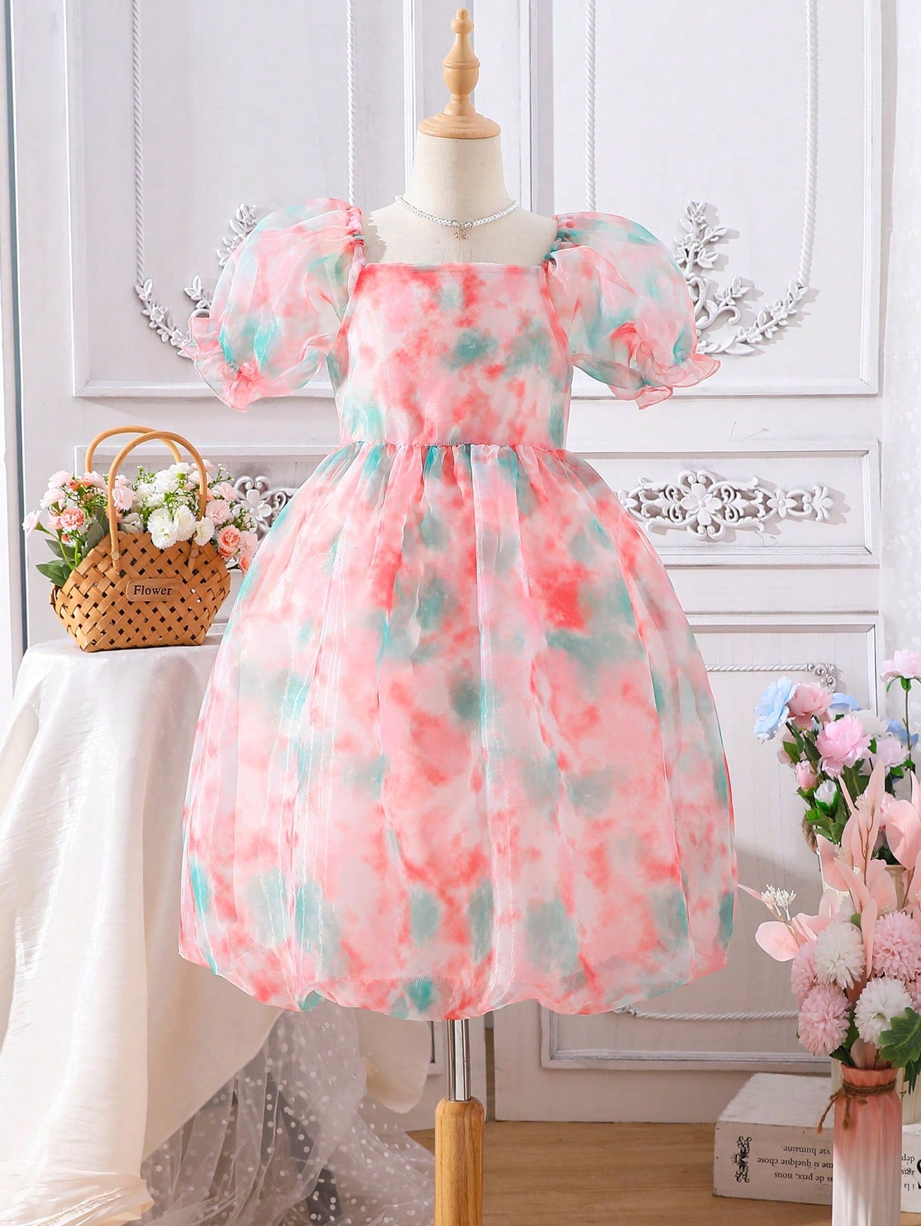 Girls Tie Dye Puff Sleeve Organza Dress