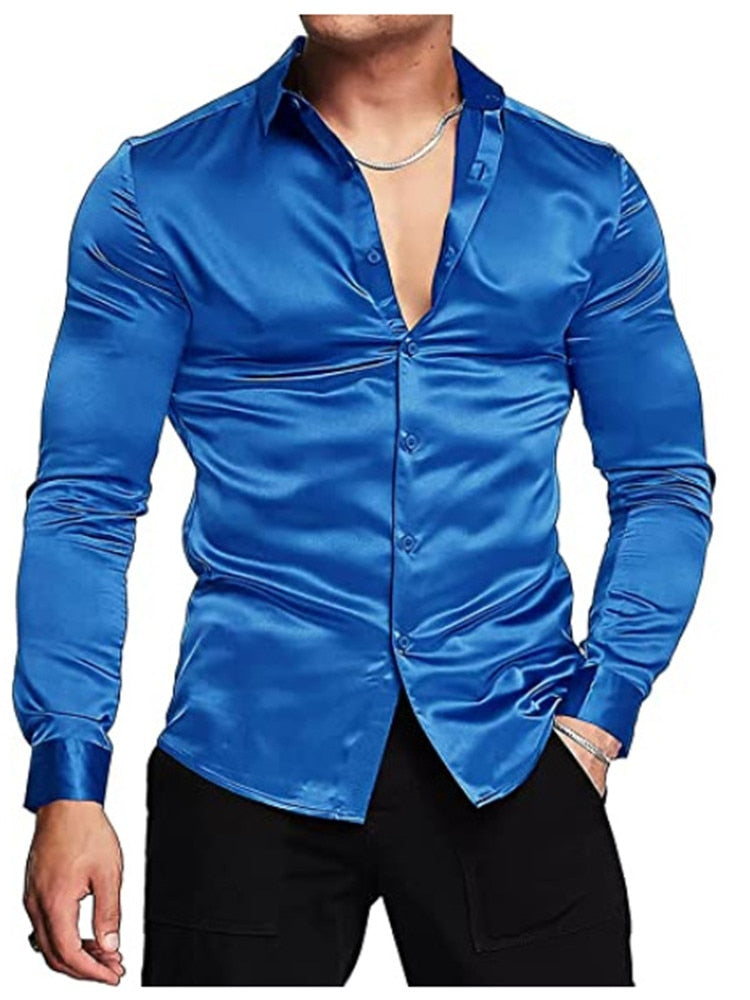 Men's luxurious shiny silk satin dress shirt Long sleeved casual slim muscle