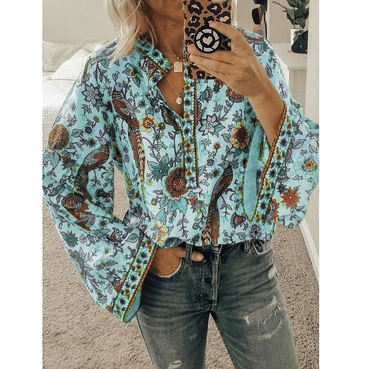 CINESSD 2020 Women Print Blouses Casual Loose Tops Stand V Neck Long Sleeves