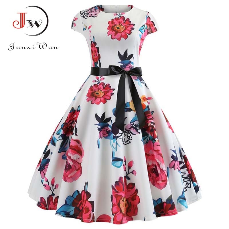 Women Vintage Dress Summer Floral Print Short Sleeve Dresses 50s 60s Office Part