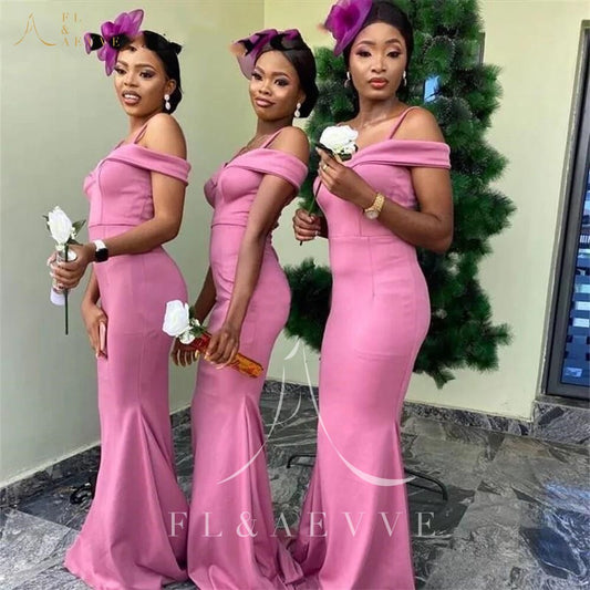 Fashion Pink Satin Mermaid Wedding Party Dresses Spaghetti Straps African Brides