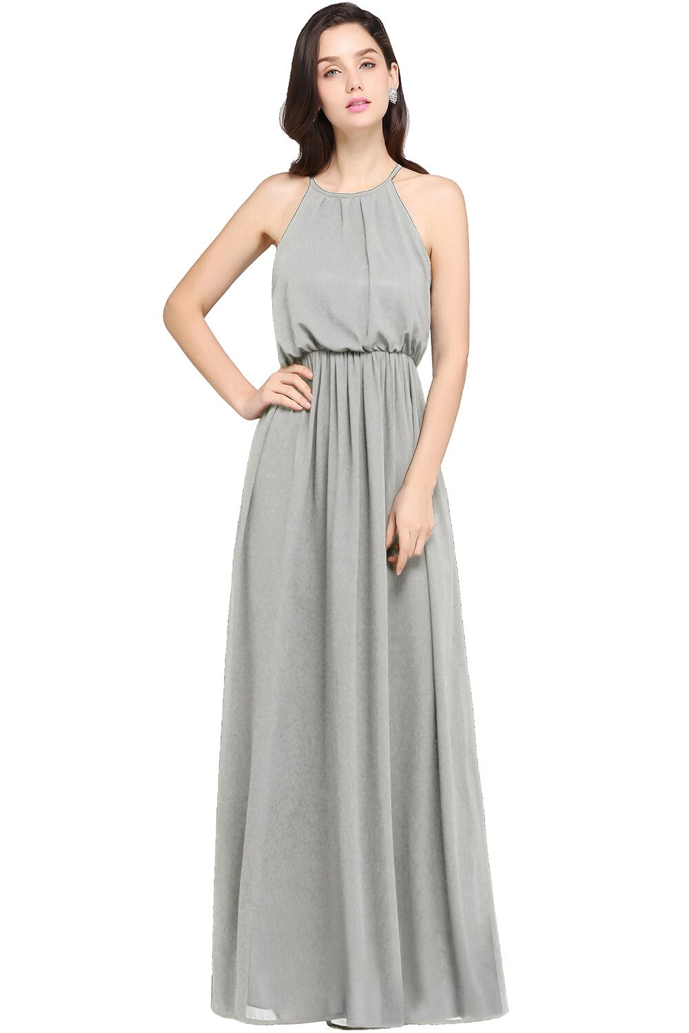 In Stock Simple Chiffon Bridesmaid Dresses A-Line Halter Sleeveless Elegant Form