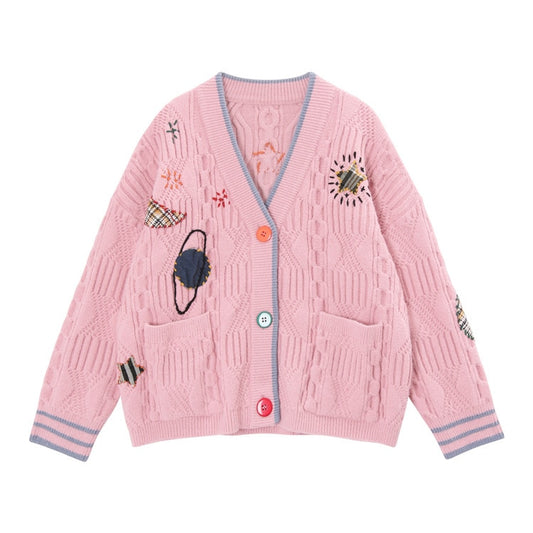 Letter Embroidery Loose Sweaters Women Winter Women Coat Cardigan Preppy Style