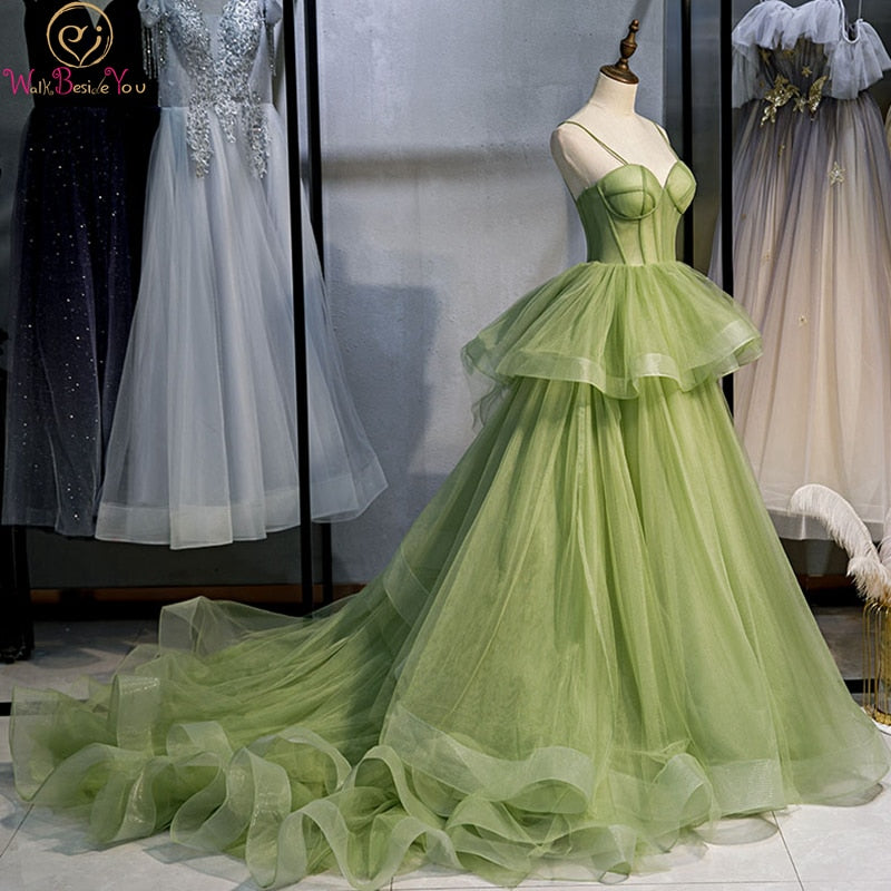 Long Woman Ceremony Dress Prom Fruit Green Ball Gown Tiered Tulle Princess Sweet