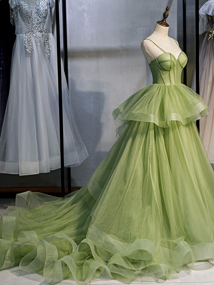 Long Woman Ceremony Dress Prom Fruit Green Ball Gown Tiered Tulle Princess Sweet