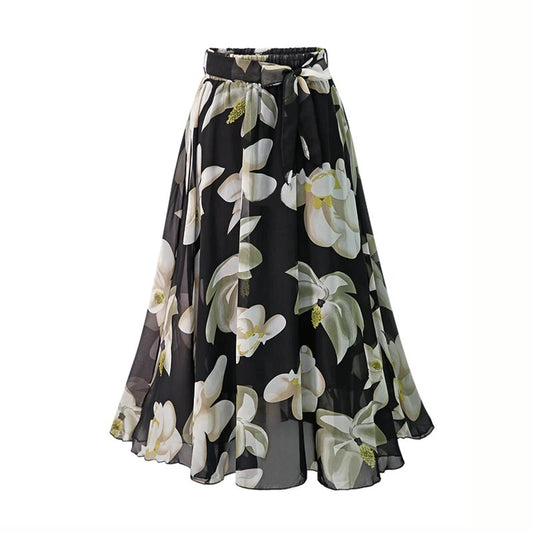 Plus Size Print Floral Skirt Women 2023 Summer Loose Elastic High Waist Chiffon