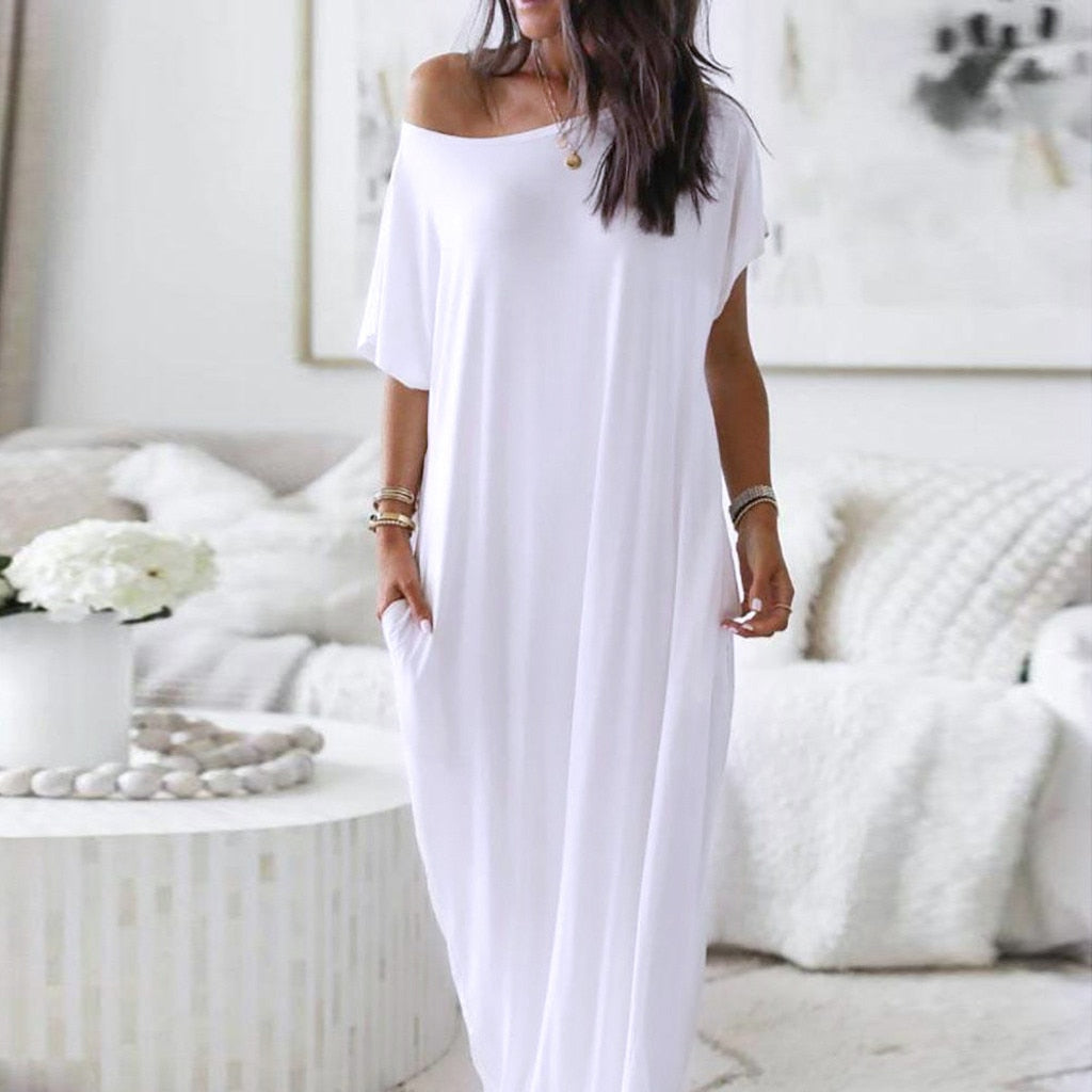 Women Off Shoulder T-shirt Maxi Dress Summer Slash Neck Short Sleeve Pocket Lon