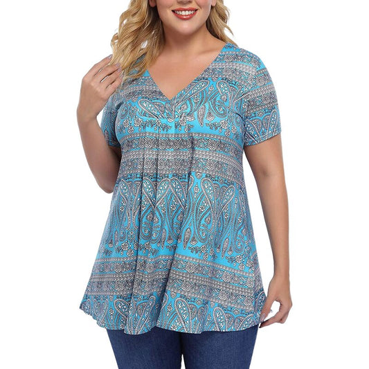 Plus Size Fashion Pleated Floral Tunic TShirt Casual Summer Ladies V-Neck Tunic