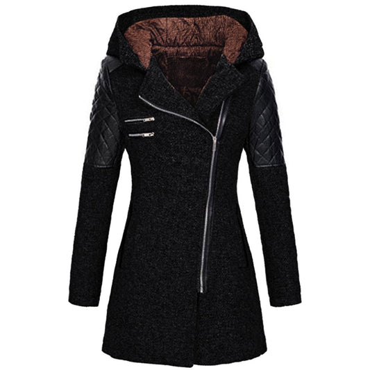 Women's autumn and winter mid length hooded loose diagonal zipper woolen trench