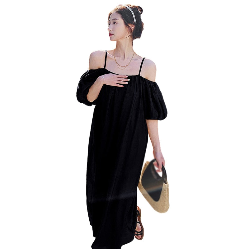 Women Summer Loose Fitting Shoulder Length Long Dress Temperament Suspender Dre