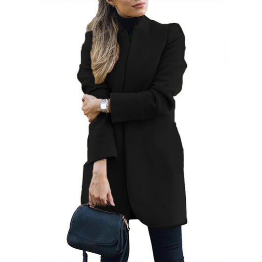 Office Lady Autumn Solid Color Stand Collar Woolen Long Coat