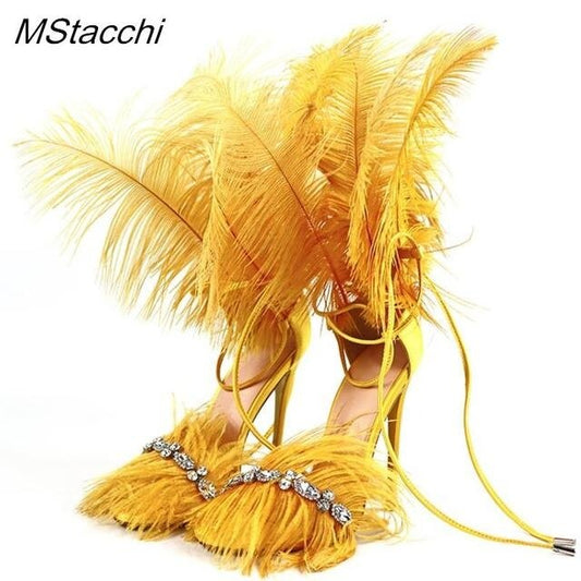 Crystal Feather Sandals Woman Summer 2023 Ostrich Hair Decor High Heels Gladiat