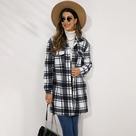 2023 New Products Autumn And Winter Women's Suit Collar Plaid Long Women's