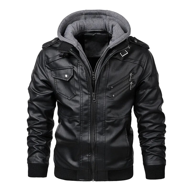 Men's Leather Jacket Spring Autumn Hooded Motorcycle PU Jacket Men Bicycle Jack