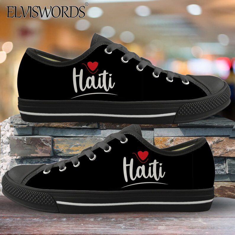 ELVISWORDS Brand Design Haiti Flags Canvas Sneaker for Women Men Leisure Vulca