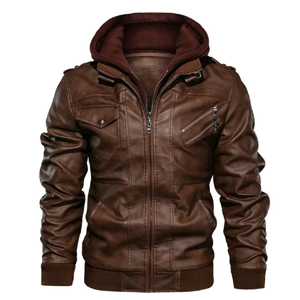 Men's Leather Jacket Spring Autumn Hooded Motorcycle PU Jacket Men Bicycle Jack