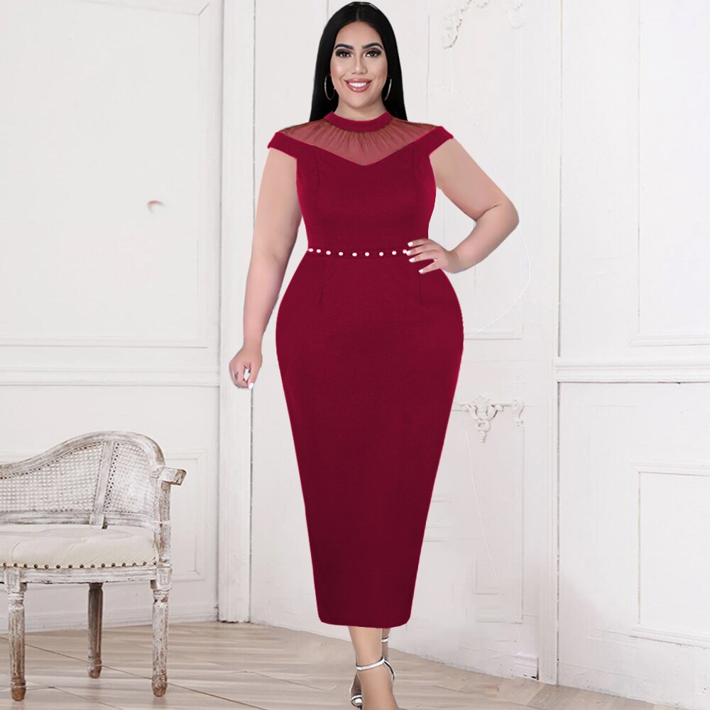 Plus Size Dresses Patchwork Mesh Beading Zipper Peplum Bodycon Ankle Length Cock