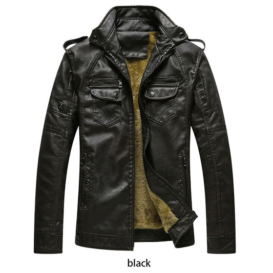 Men's Winter PU Leather Motorcycle Jackets Stand Collar Zipper Pockets Male Bike