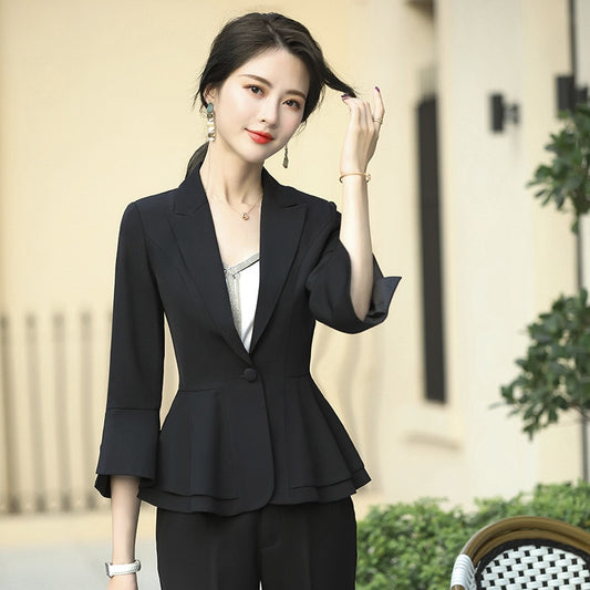 Office Ladies Three Quarter Flare Sleeve Blazer for Women Fashion Ruffle Suit J