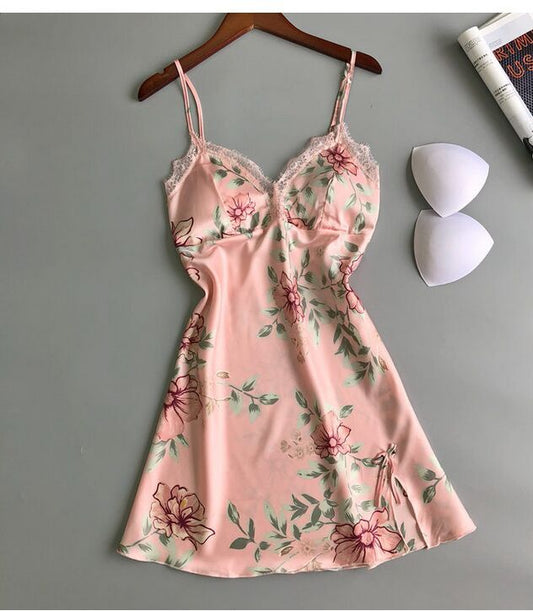 Cute Women Ìs Floral Satin Silk Lace Lingerie Sleepwear Dress Babydoll