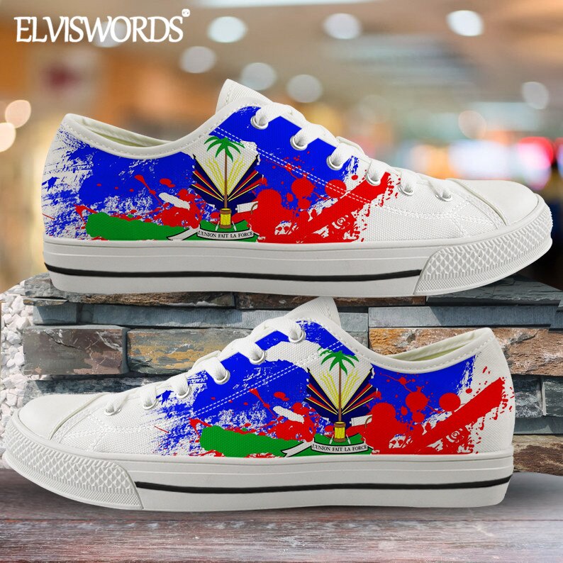 ELVISWORDS Brand Design Haiti Flags Canvas Sneaker for Women Men Leisure Vulca