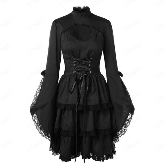 New Vintage Elegant Lace Up Goth Retro Party Dresses Women Gothic Punk