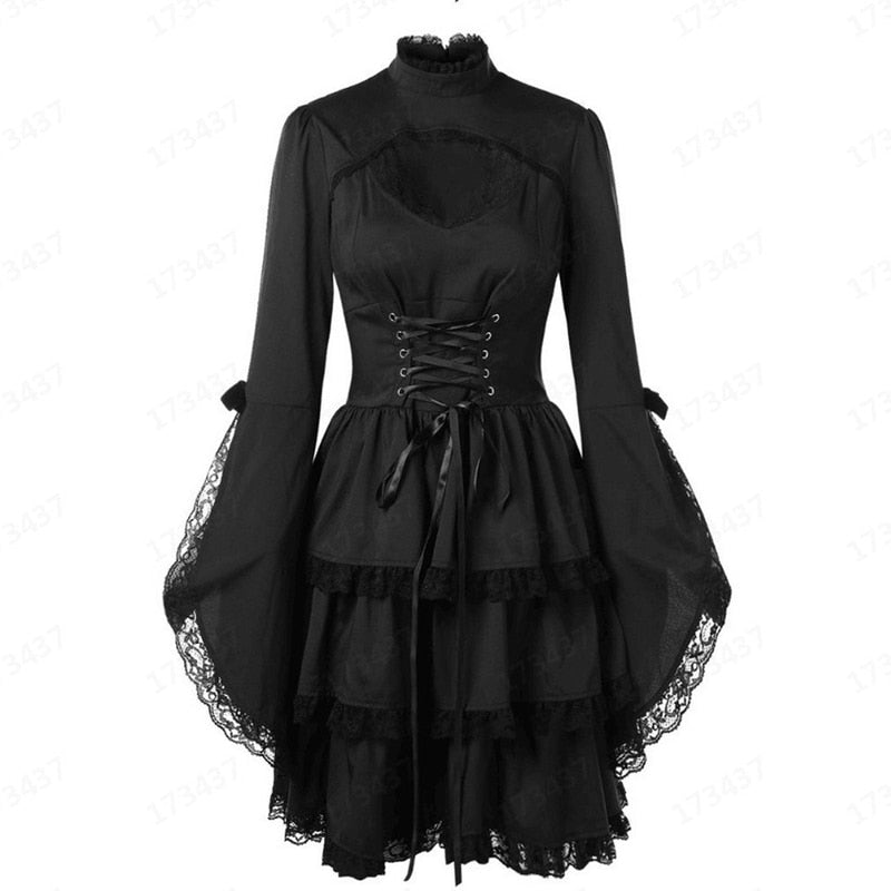 New Vintage Elegant Lace Up Goth Retro Party Dresses Women Gothic Punk