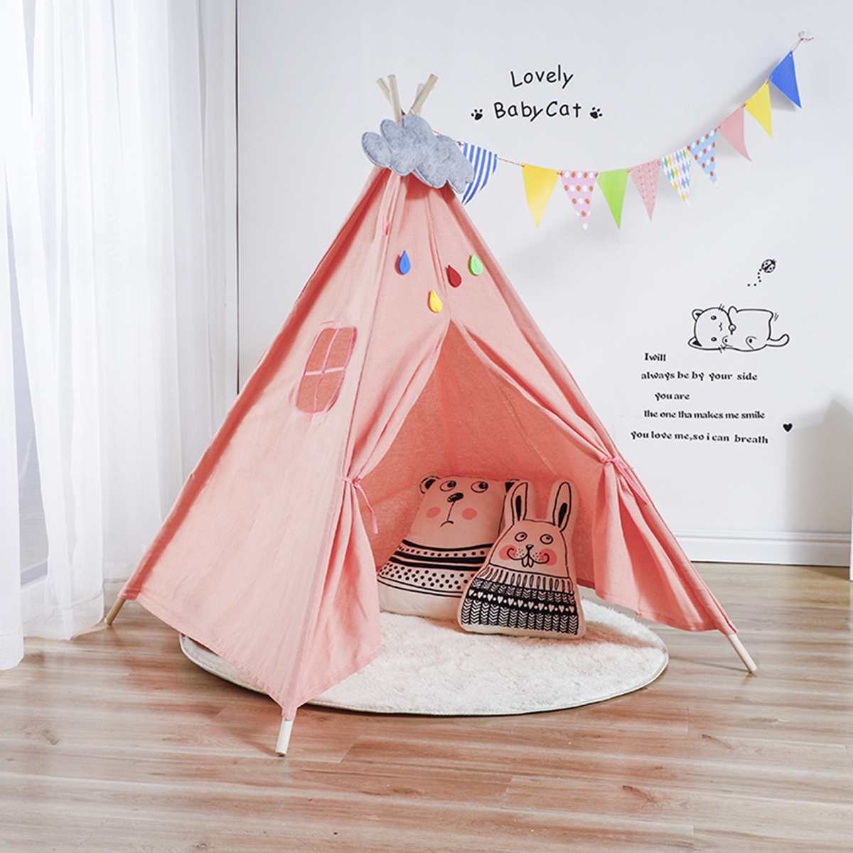 1.6M Large Teepee Triangle Tent Kids Playhouse Cotton Canvas Pretend Play Tent D