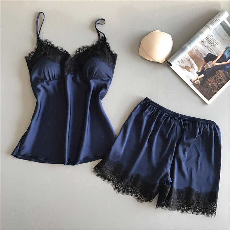 Cute Women Pajamas Set Suspenders Lace Stitching Solid Color Sleepwear