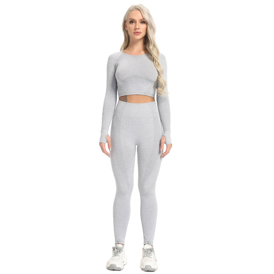 Seamless Yoga Set Workout Suit Fitness Sportswear Women Long Sleeve Crop Top Hig