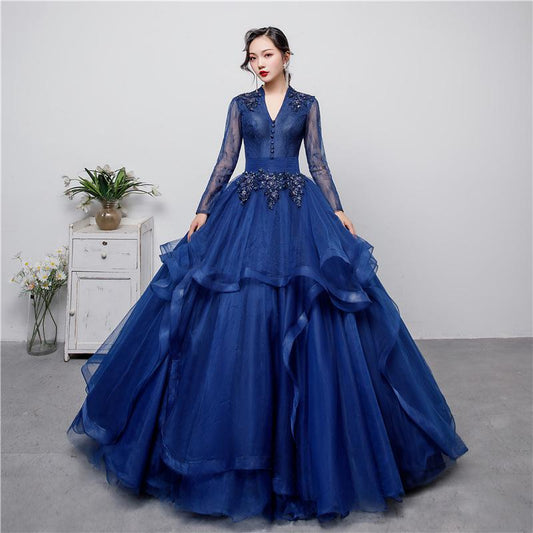 New Fashion Luxury High Neck Blue Quinceanera Dress Long Sleeve Ruched Organza V