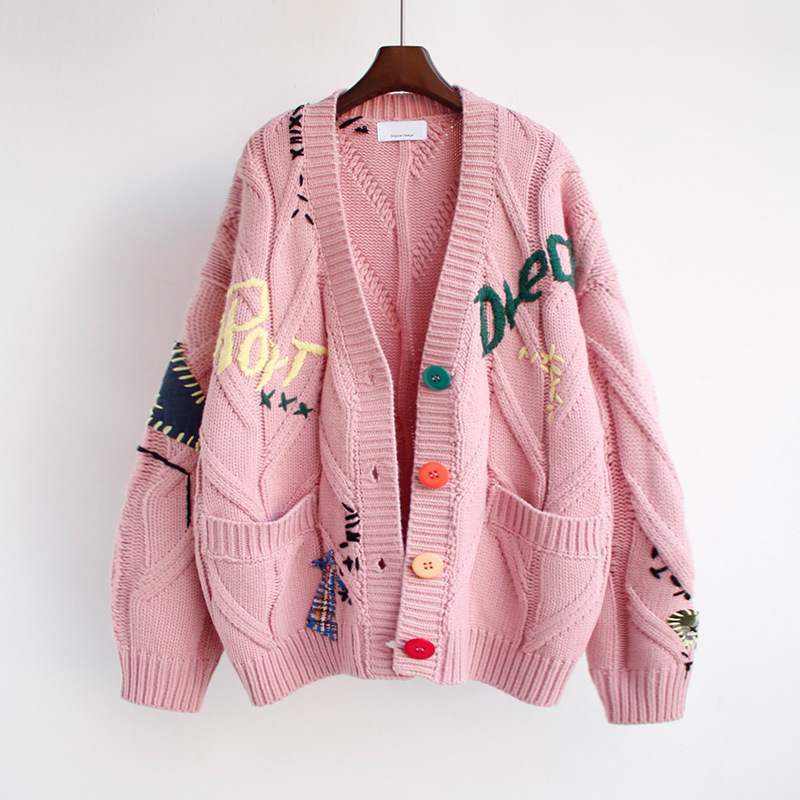 Letter Embroidery Loose Sweaters Women Winter Women Coat Cardigan Preppy Style