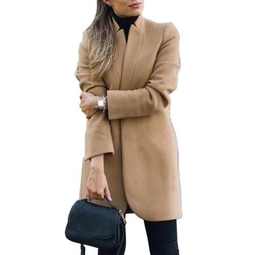 Office Lady Autumn Solid Color Stand Collar Woolen Long Coat