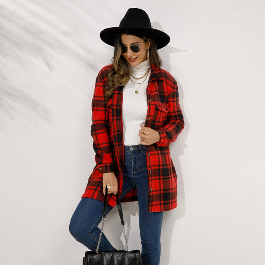 2023 New Products Autumn And Winter Women's Suit Collar Plaid Long Women's