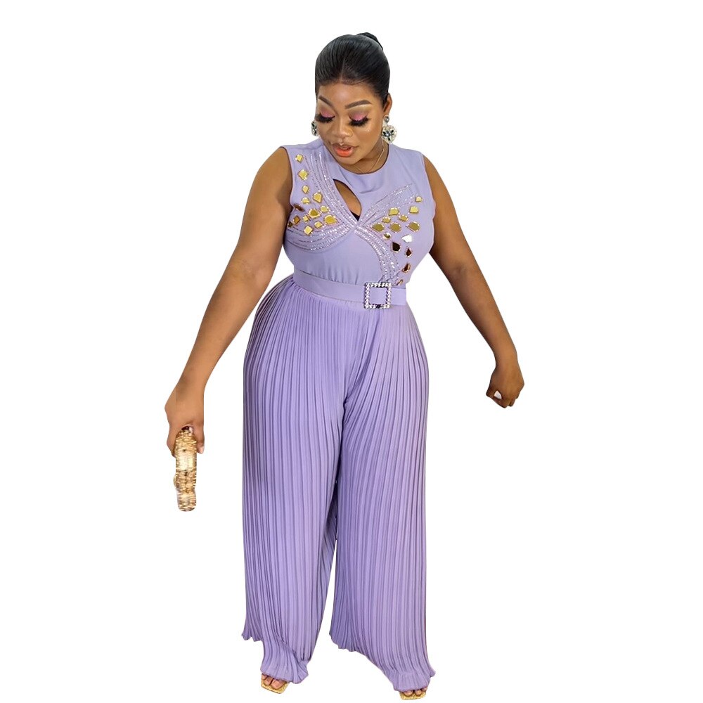 Plus Size Women Jumpsuit Sleeveless Rhinestone One Piece Outfit Summer Lady Casu