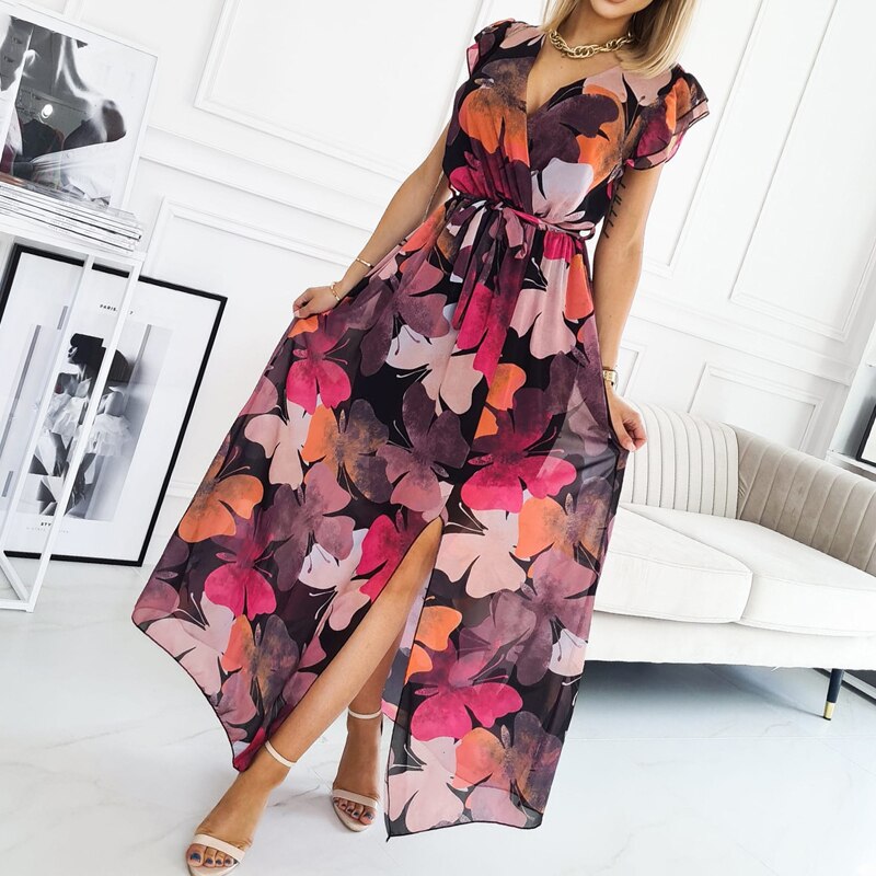 Summer Short Sleeve Belted Women Long Dress Lady Fashion Floral Print Boho