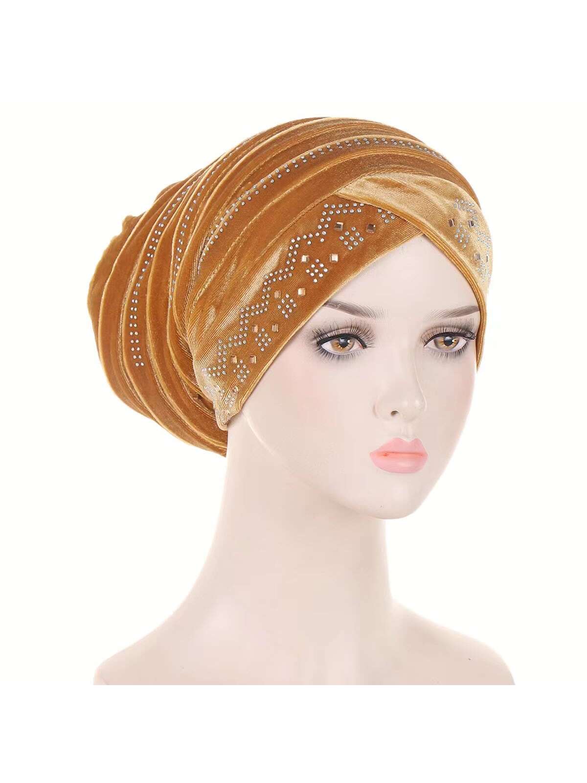 European And American Style Velvet Rhinestone Decor Head Wrap Muslim Turban Fol