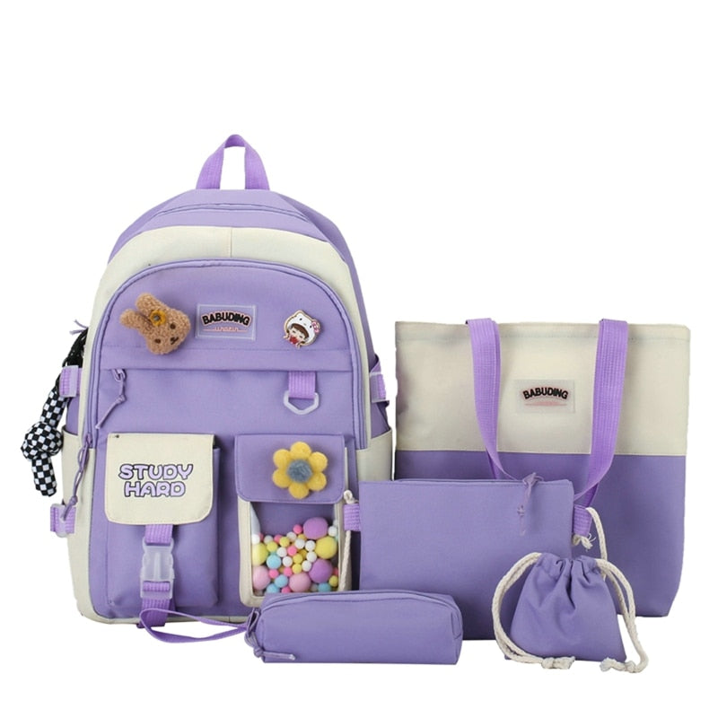 5pcs Sets Children's School Backpack Kawaii Women's Bagpack Bookbag Laptop