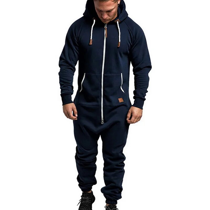 Mens Onesie Jumpsuit Pajamas Long Sleeve Sweatpants Pure Color Splicing Autumn