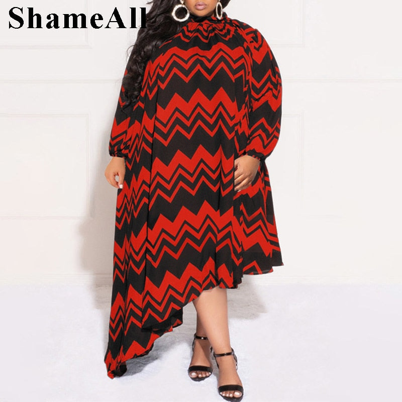 Plus Size Wave Striped Belted Long Sleeve Maxi Smock Dress 4XL Stand Collar Irre