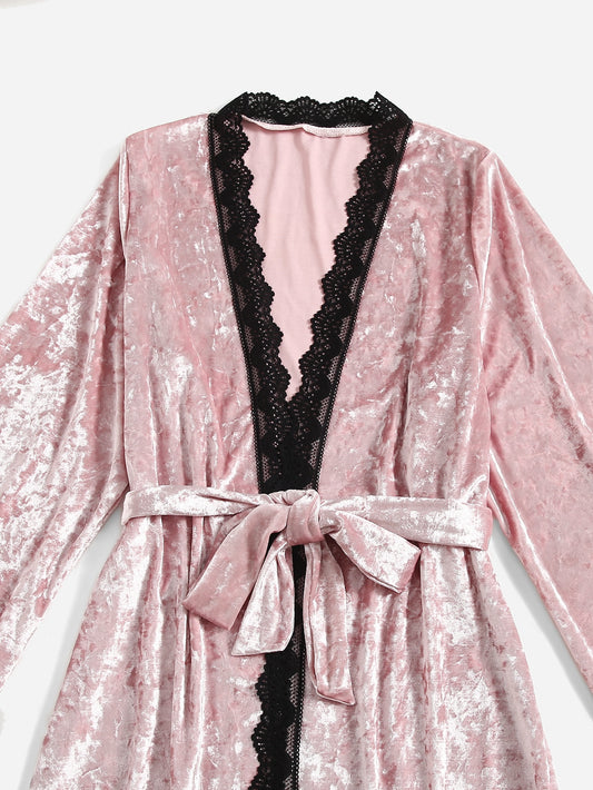 4pcs Contrast Eyelash Lace Belted Velvet PJ Set